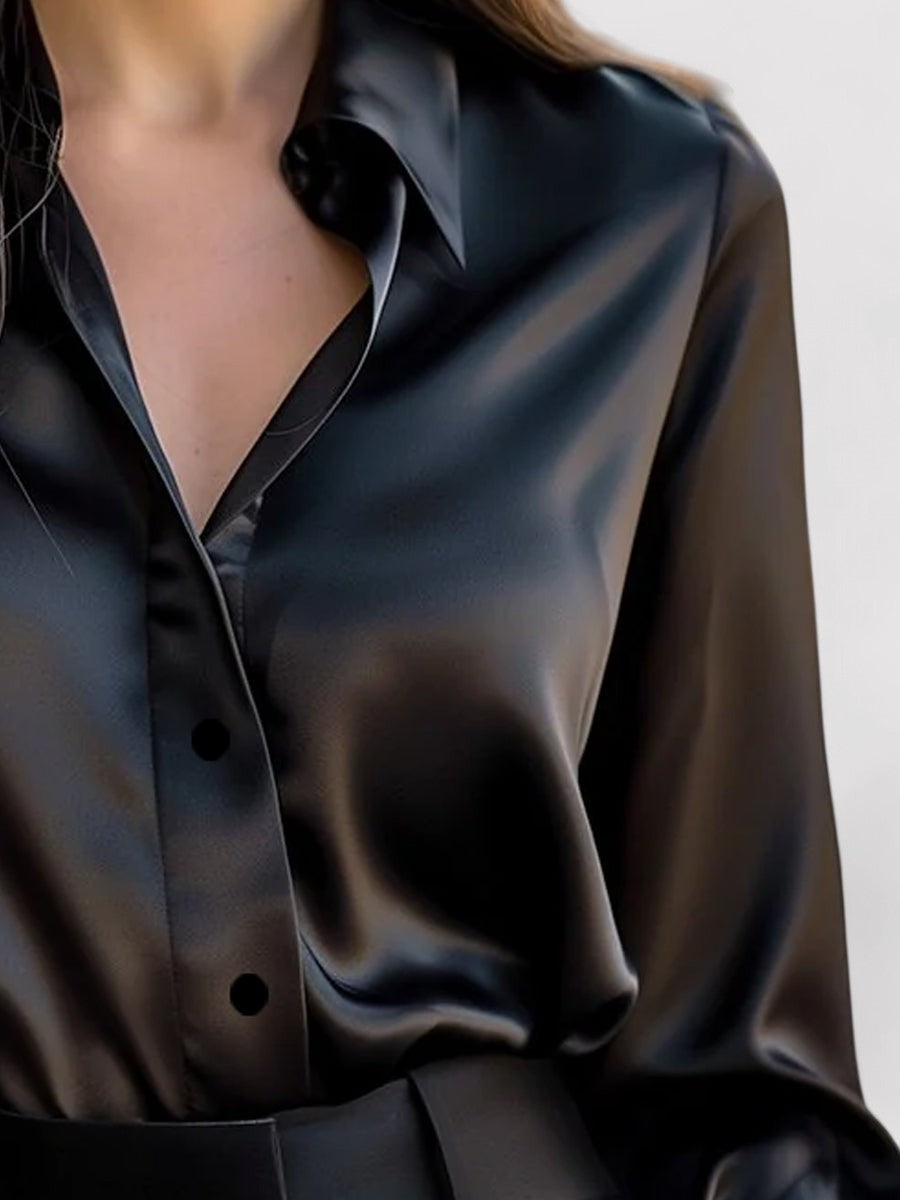 Ancien | Women's Elegant Black Satin Long Sleeves Blouse afbeelding 2