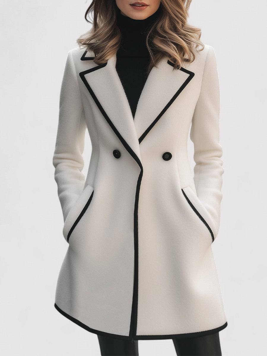 Ancien | Women's Chic Double-Breasted White Coat with Black Trim afbeelding 1