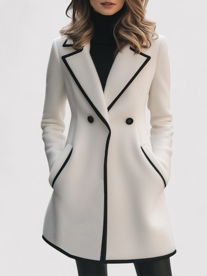 Ancien | Women's Chic Double-Breasted White Coat with Black Trim afbeelding 1