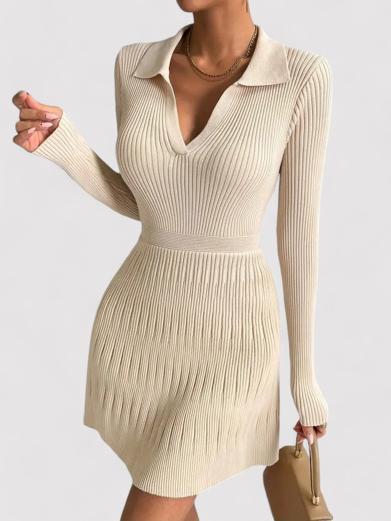 Ancien | Long-Sleeved A-line Ribbed Dress with Elegant Collar afbeelding 4