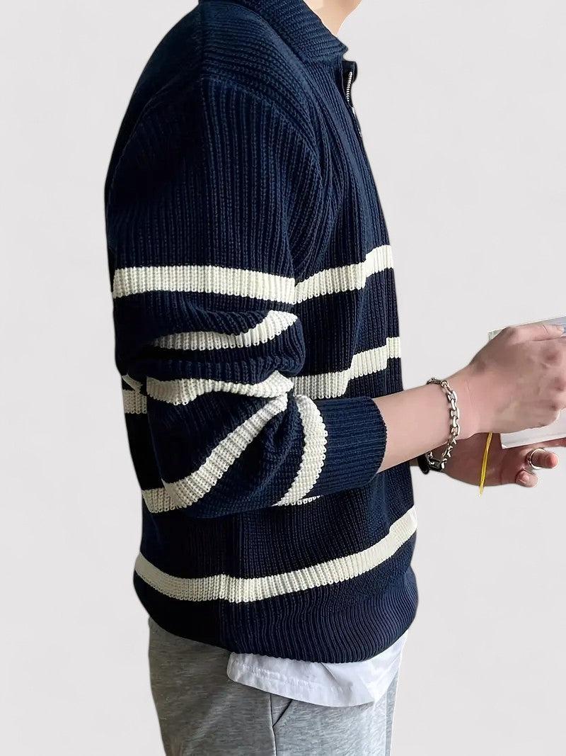 Ancien | Casual Striped Half Zip Sweater Navy Blue afbeelding 2