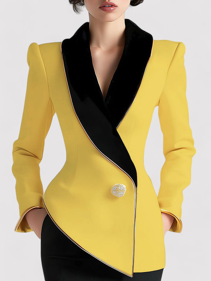 Ancien | Women's Elegant Asymmetrical White Blazer with Black Contrast Lapels afbeelding 6