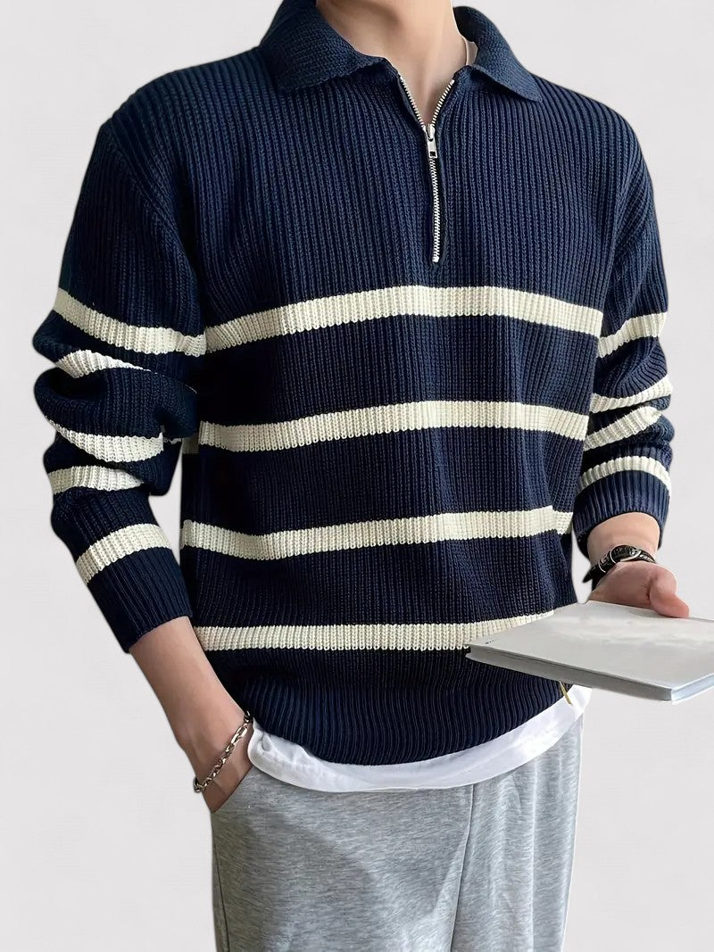 Ancien | Casual Striped Half Zip Sweater Navy Blue afbeelding 1