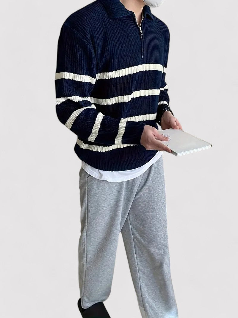 Ancien | Casual Striped Half Zip Sweater Navy Blue afbeelding 3