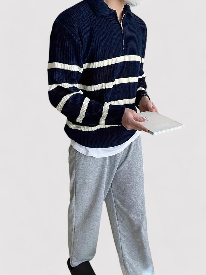 Ancien | Casual Striped Half Zip Sweater Navy Blue afbeelding 3