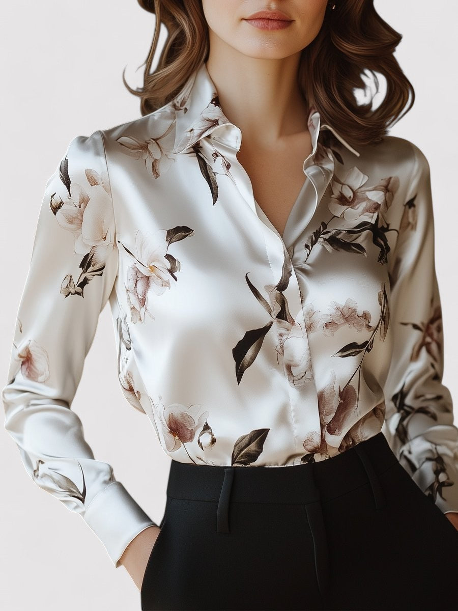Ancien | Women's Modern Satin Printed Blouse with Magnolia Pattern Elegance afbeelding 1