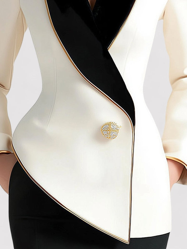 Ancien | Women's Elegant Asymmetrical White Blazer with Black Contrast Lapels afbeelding 5