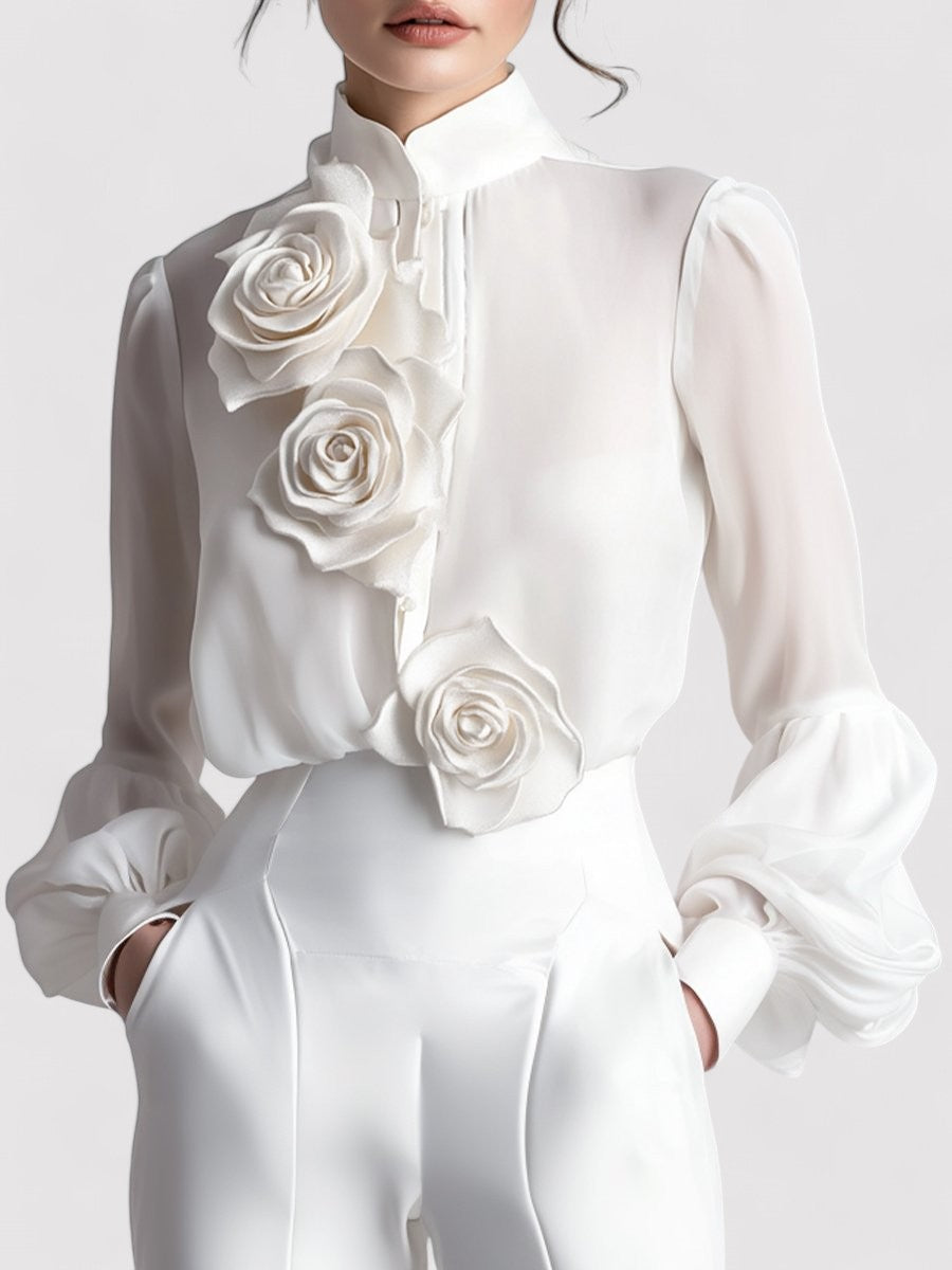 Ancien | Women's Modern White Blouse with 3D Rose Accents afbeelding 1