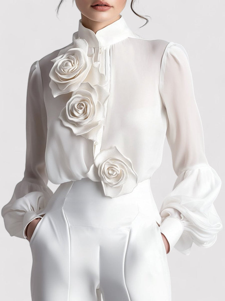 Ancien | Women's Modern White Blouse with 3D Rose Accents afbeelding 1
