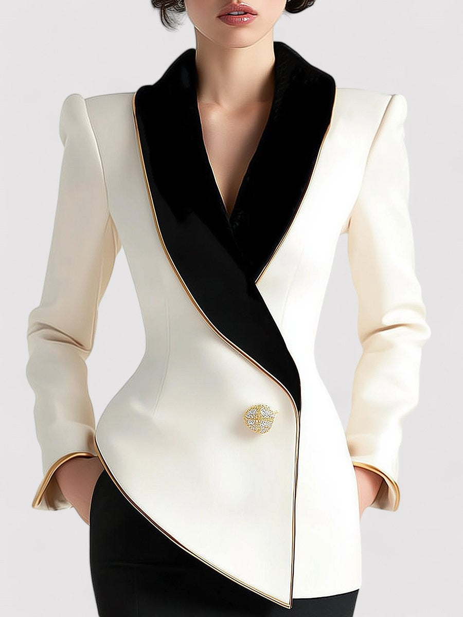 Ancien | Women's Elegant Asymmetrical White Blazer with Black Contrast Lapels afbeelding 1