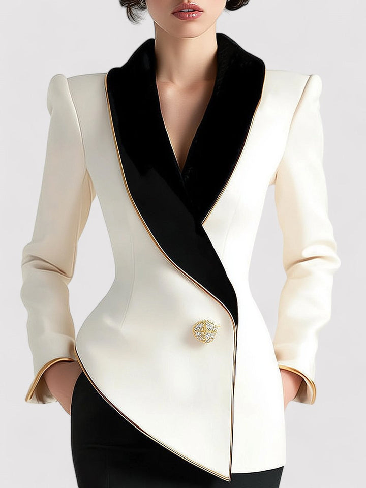 Ancien | Women's Elegant Asymmetrical White Blazer with Black Contrast Lapels afbeelding 1