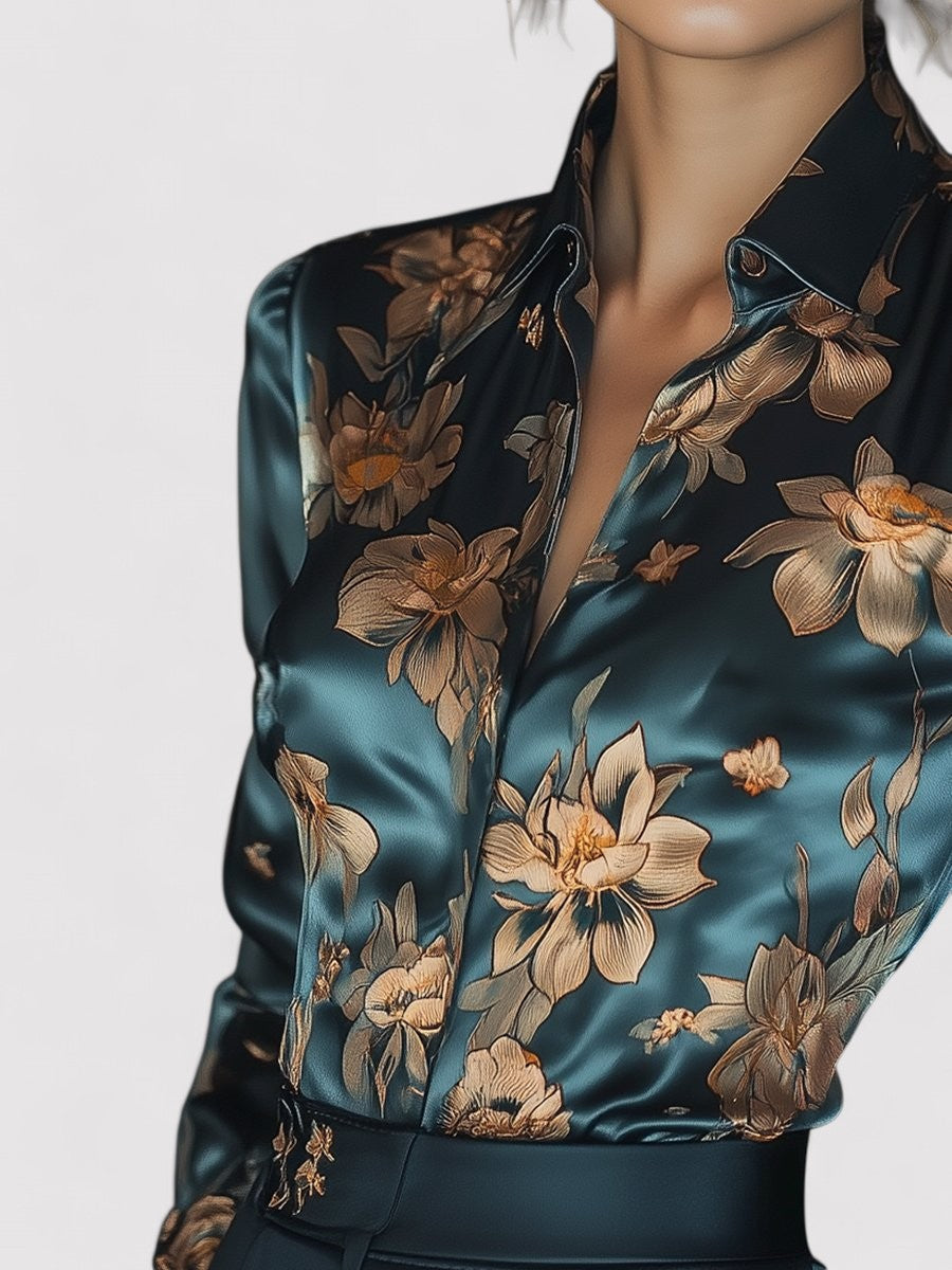 Ancien | Women's Golden Lotus Floral Satin Printed Blouse afbeelding 3