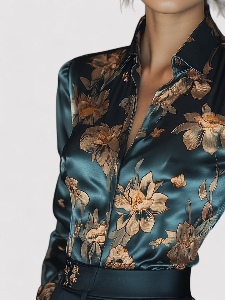 Ancien | Women's Golden Lotus Floral Satin Printed Blouse afbeelding 3