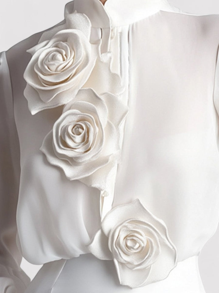 Ancien | Women's Modern White Blouse with 3D Rose Accents afbeelding 2