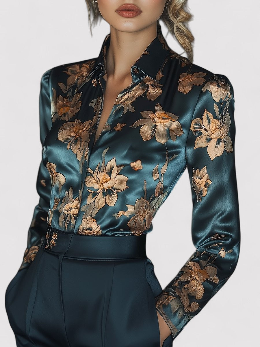Ancien | Women's Golden Lotus Floral Satin Printed Blouse afbeelding 1