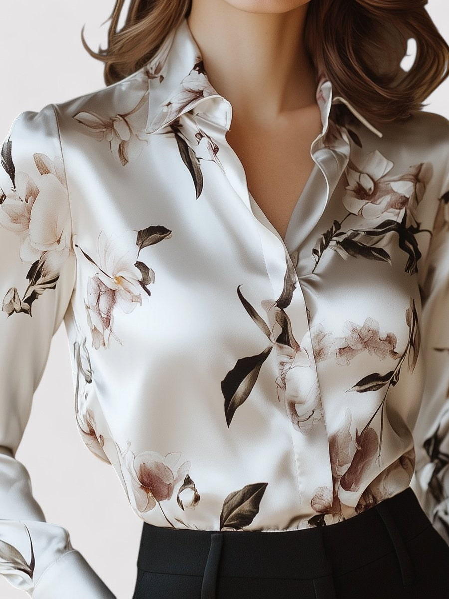 Ancien | Women's Modern Satin Printed Blouse with Magnolia Pattern Elegance afbeelding 2