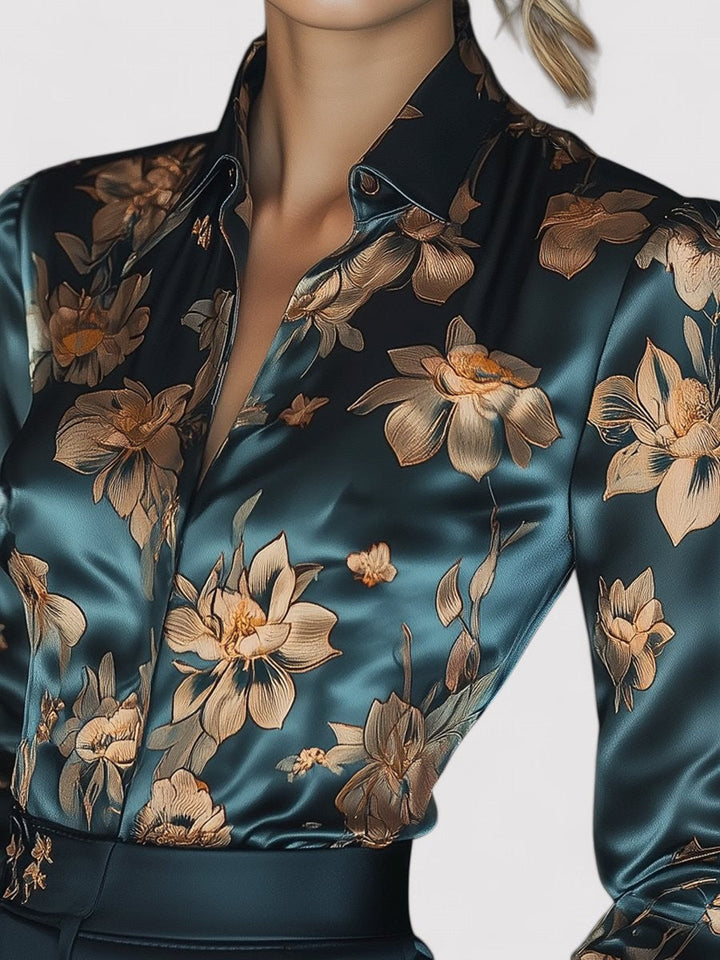 Ancien | Women's Golden Lotus Floral Satin Printed Blouse afbeelding 2