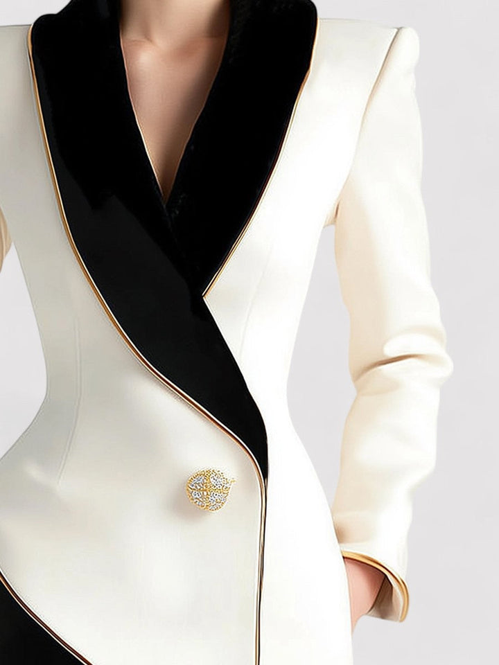 Ancien | Women's Elegant Asymmetrical White Blazer with Black Contrast Lapels afbeelding 4