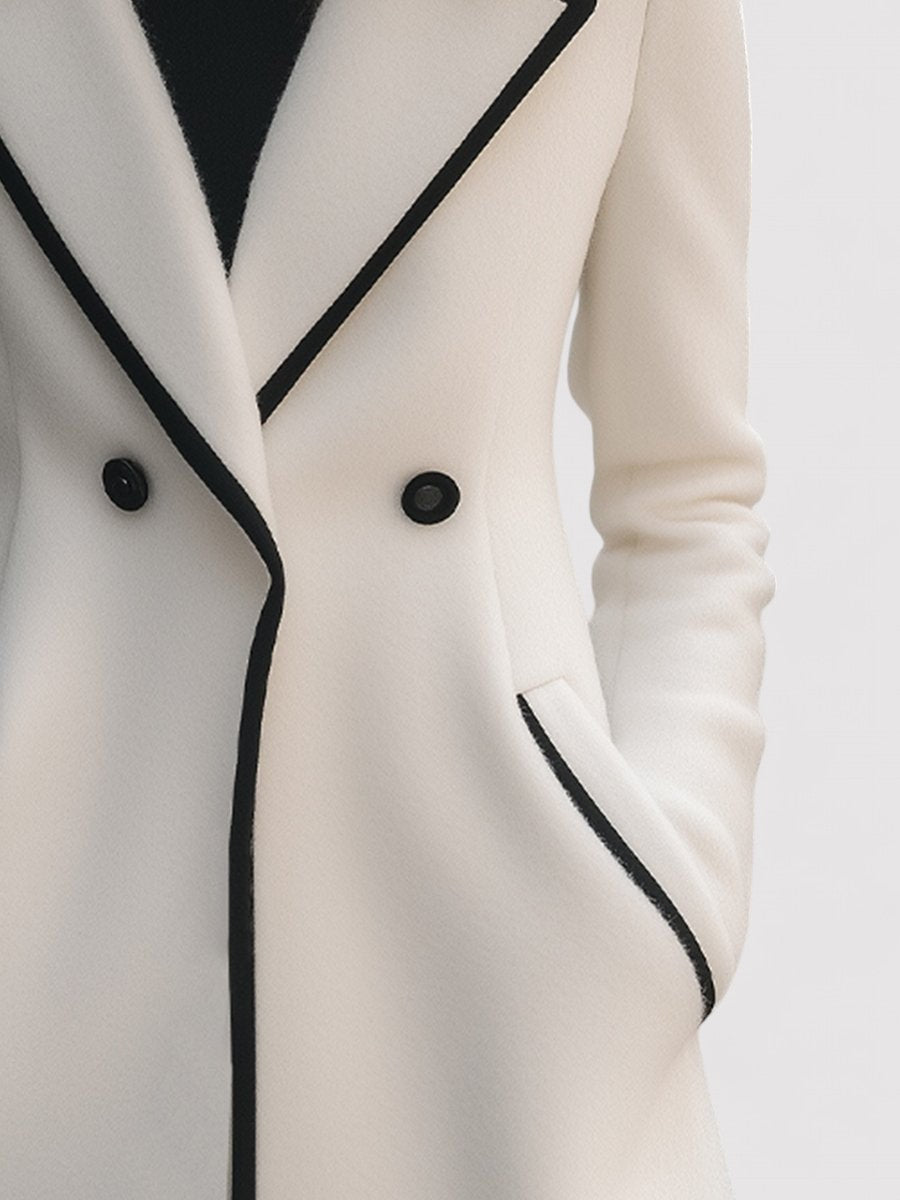 Ancien | Women's Chic Double-Breasted White Coat with Black Trim afbeelding 5