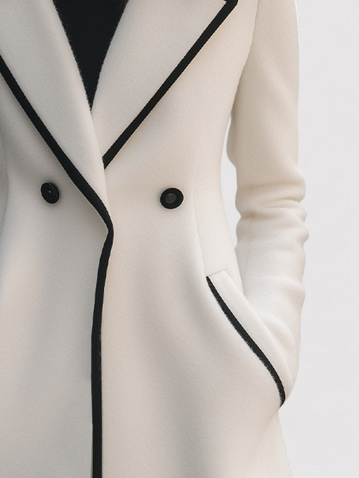 Ancien | Women's Chic Double-Breasted White Coat with Black Trim afbeelding 5