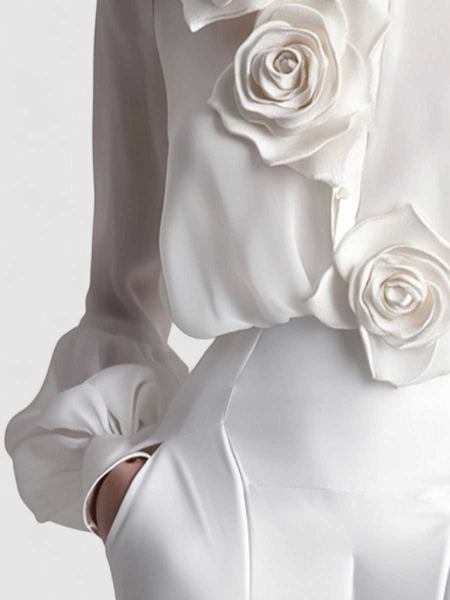 Ancien | Women's Modern White Blouse with 3D Rose Accents afbeelding 4