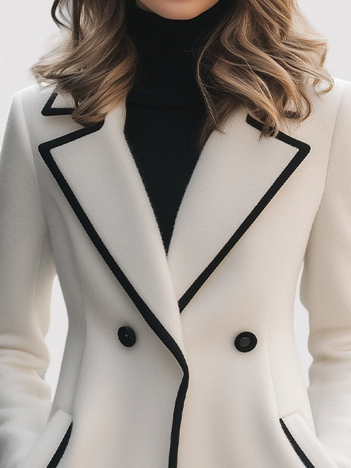 Ancien | Women's Chic Double-Breasted White Coat with Black Trim afbeelding 2